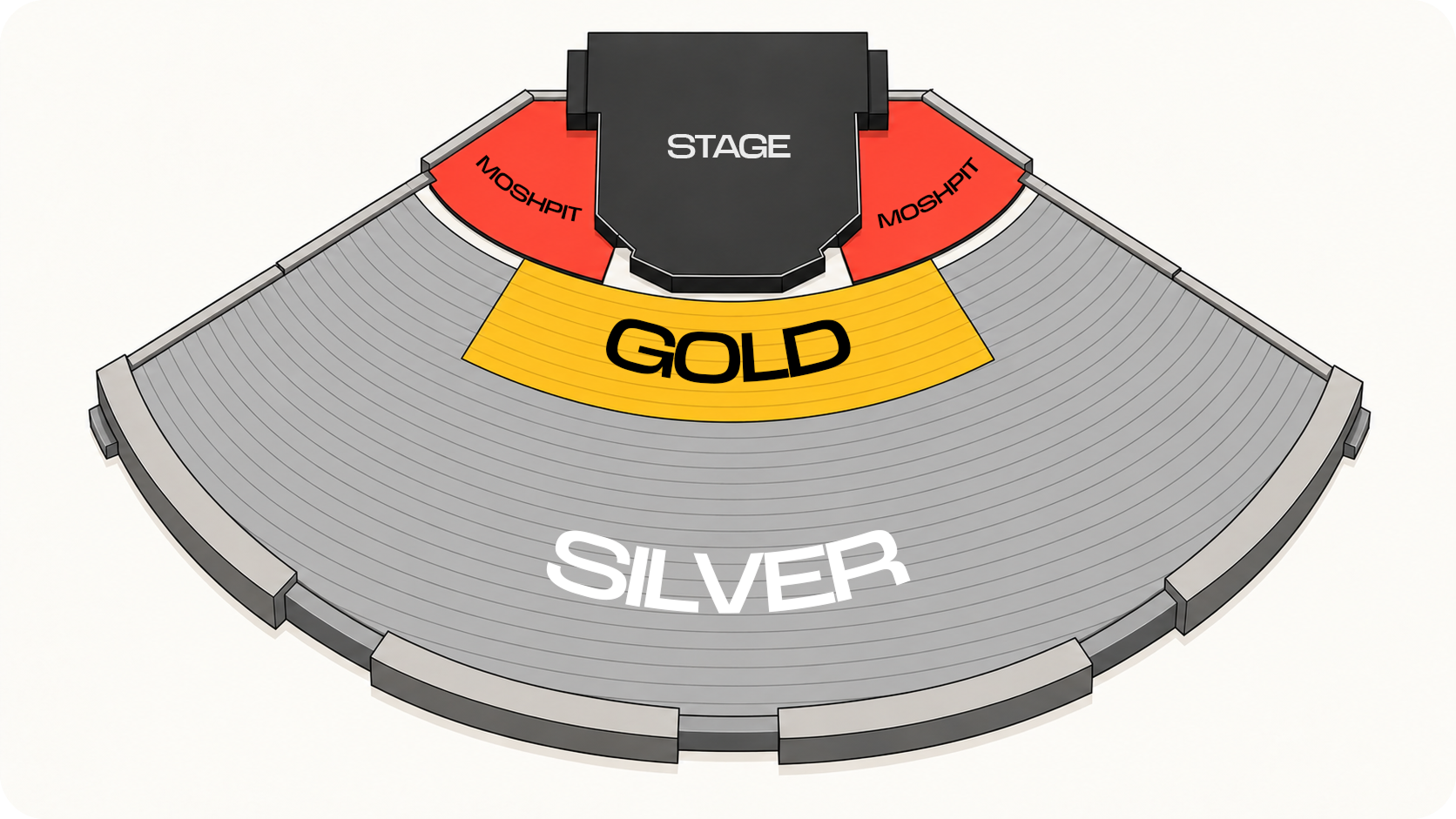 Seating plan — stage, moshpit, gold and silver sections
